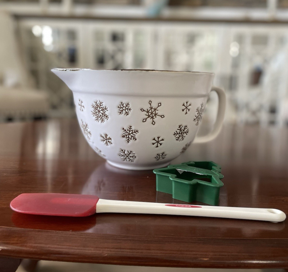 The Bake Shop Ceramic Snowflake Mixing Bowl W/ spatula and cookie cutter